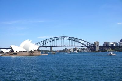 Bridge over river with city in background