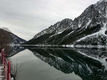 Scenic view of lake by snowcapped mountains against sky