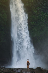 Rear view of man standing by waterfall