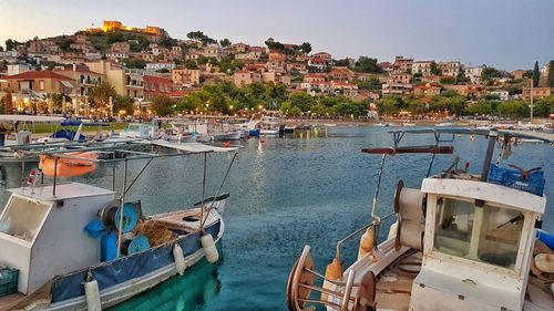 High angle view of boats moored in harbor