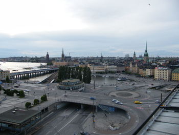 High angle view of city street against sky