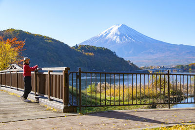 Tourist with beautiful landscape view of mountain fuji famous landmark of japan.