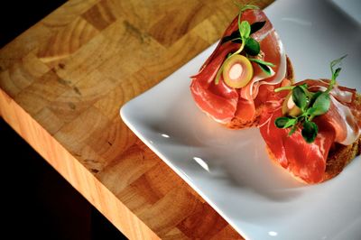 High angle view of food in plate on table