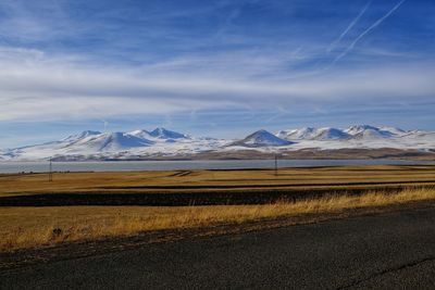 Scenic view of snowcapped mountains against sky