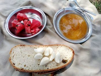 High angle view of breakfast served on table