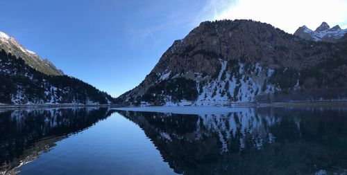 Scenic view of lake and mountains against sky