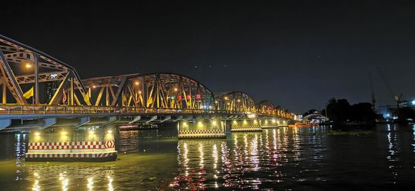 Illuminated bridge over river at night