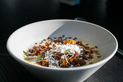 High angle view of food in bowl on table
