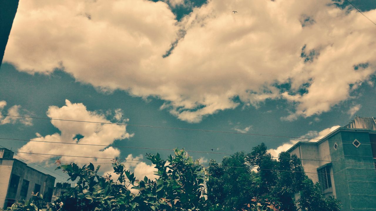 building exterior, sky, architecture, built structure, cloud - sky, cloudy, low angle view, cloud, tree, house, residential structure, residential building, building, weather, nature, day, growth, outdoors, no people, city