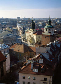 High angle view of cityscape against sky