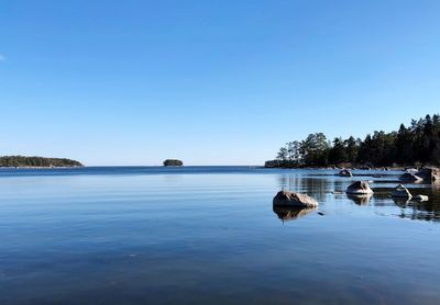 Scenic view of lake against clear blue sky