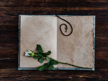 High angle view of open book on table