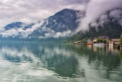 Scenic view of lake against cloudy sky