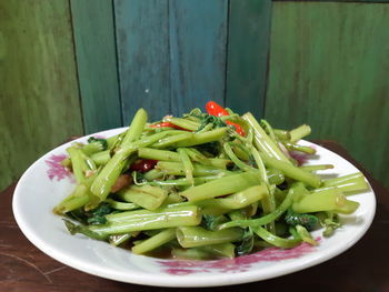 High angle view of salad in plate on table