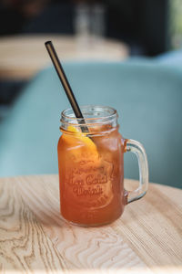 Drink in jar on table