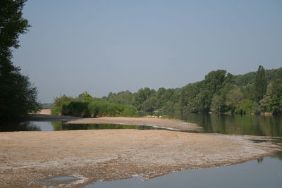 Scenic view of calm lake against clear sky