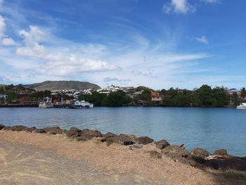 Scenic view of bay against sky