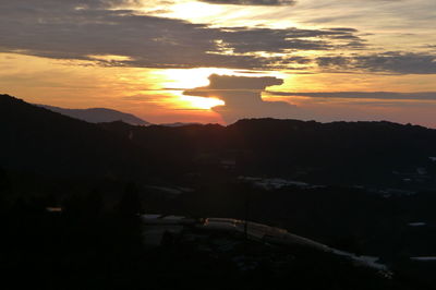 Scenic view of silhouette mountains against sky during sunset