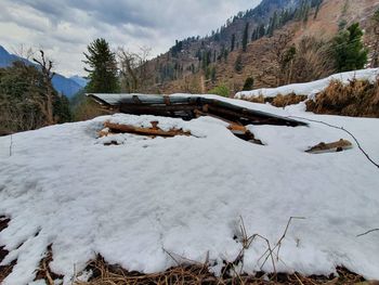 Scenic view of snow covered field against sky