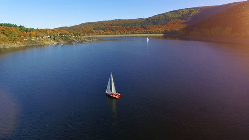 High angle view of sailboat on lake