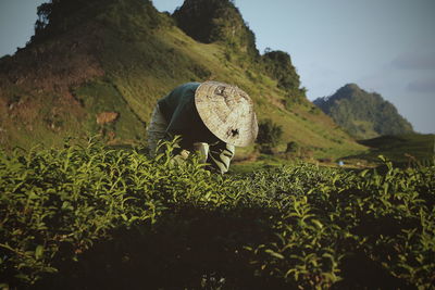 Midsection of farmer working at farm against mountains