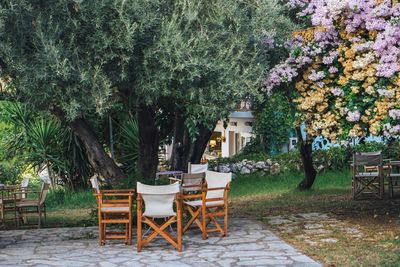 Empty chairs and table by trees against building