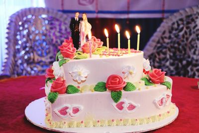 Close-up of cake served on table