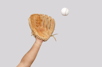 Cropped hand of person holding seashell against white background