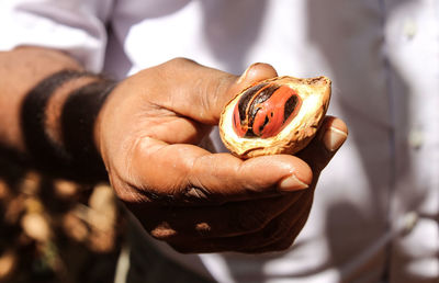 Midsection of man holding dried fruit