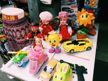 Close-up of toys for sale