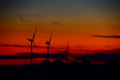 Silhouette of wind turbine against dramatic sky during sunset