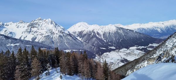 Scenic view of snowcapped mountains against sky