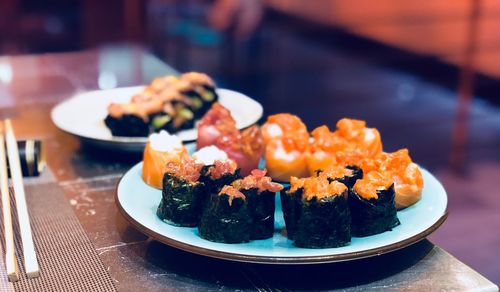 Close-up of sushi served in plate on table