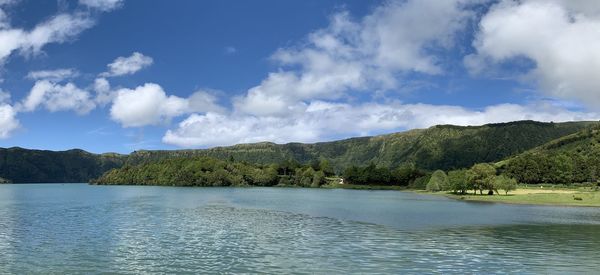 Scenic view of lake by trees against sky