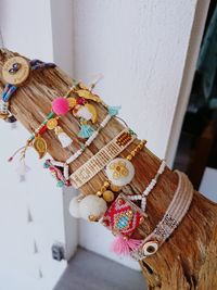 Close-up of clothes hanging on wood