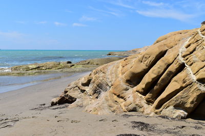 Scenic view of rocks on beach against sky