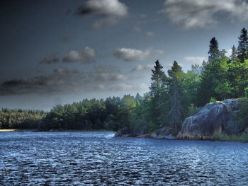 Scenic view of lake and trees against sky