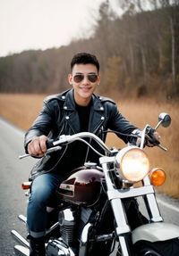 Portrait of young man riding motorcycle on road