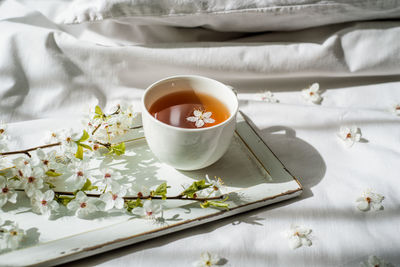 High angle view of tea cup on table