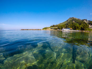 Scenic view of sea against clear blue sky