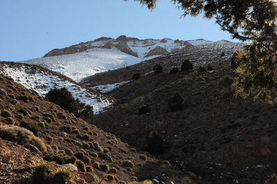 Scenic view of rocky mountains against clear sky