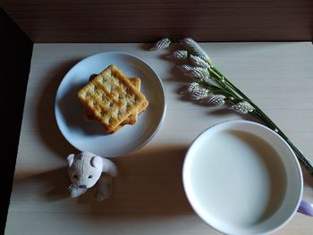 High angle view of breakfast served on table