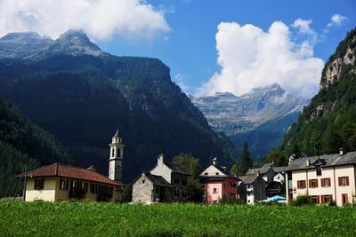 Panoramic view of trees and buildings against sky