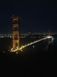 Illuminated suspension bridge over river at night