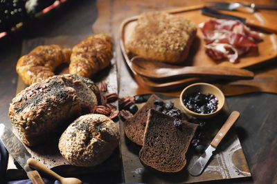 High angle view of breakfast on table