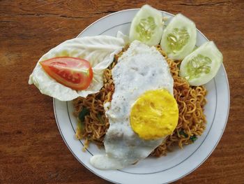 High angle view of breakfast served on table