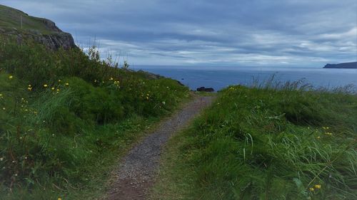 Scenic view of beach against cloudy sky