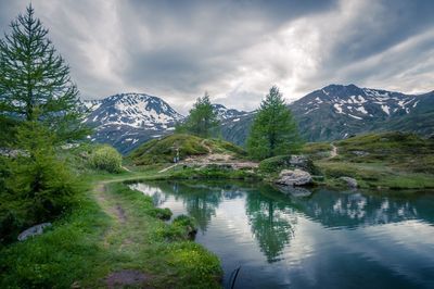 Scenic view of lake and mountains against sky