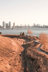 Scenic view of sea and buildings against clear sky