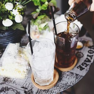 Close-up of coffee glass on table